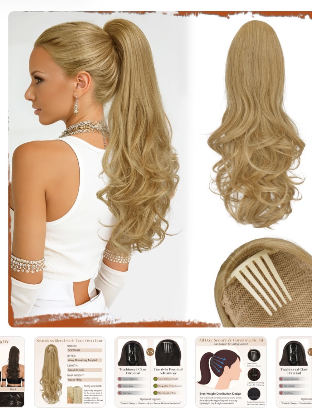 24” BLONDE HAIR EXTENSION CLIP ON LIGHTWEIGHT BOUNCY CURL NWT